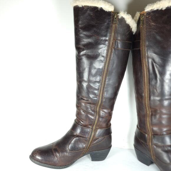 Born Women's Gita US8M Distress Brown Leather Wide Calf Shearling Riding Boots - Picture 6 of 16